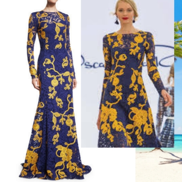 ◇$8000 OSCAR DE LA RENTA BLUE YELLOW FLORAL LACE RUNWAY GOWN US 2 S OR 6 M